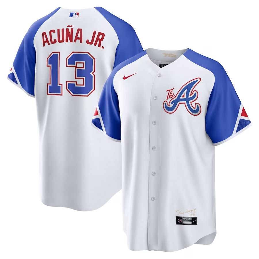 Men Atlanta Braves #13 Ronald Acuna Jr Nike White 2023 City Connect Replica Player MLB Jersey